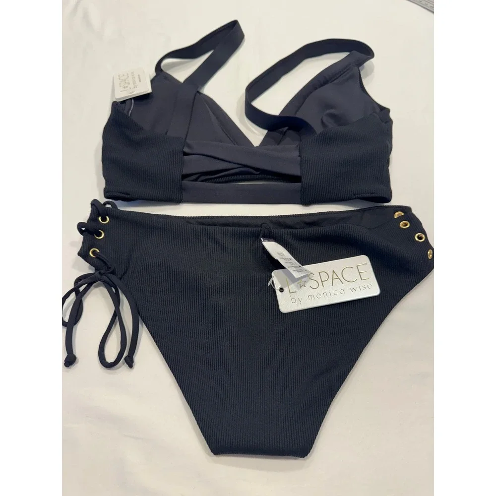 L*Space Bikini Set Ribbed Lace Up Side Grommet Small Black New With Tags NWD